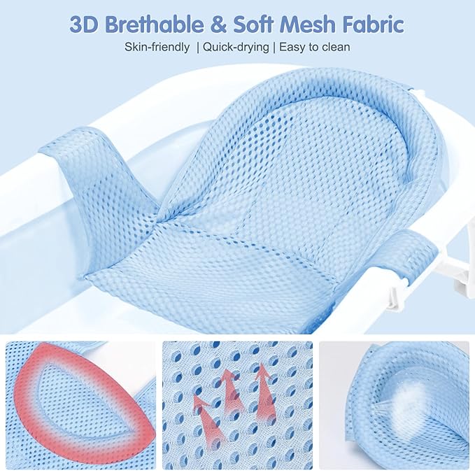Colorlife Baby Bath Seat Support Net Infant Bathing Seat Support Mat, Adjustable Comfortable Non-Slip Three-Pointed Baby Shower Net Bathtub Sit Up Mesh for Newborn 0-12 Months-Light Blue(No Bathtub)