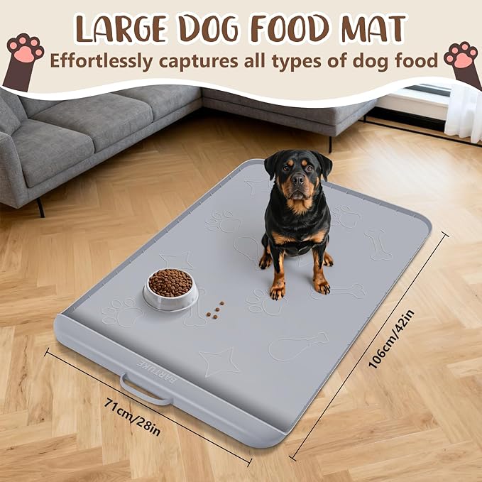 Bartuke Dog Food Mat with Collection Pocket, 42''x28'' Extra Large Silicone Pet Feeding Mat for Food and Water, Waterproof Anti-Slip Dog Mat with Edge and Handle, Pet Placement for Floor(Light Grey)