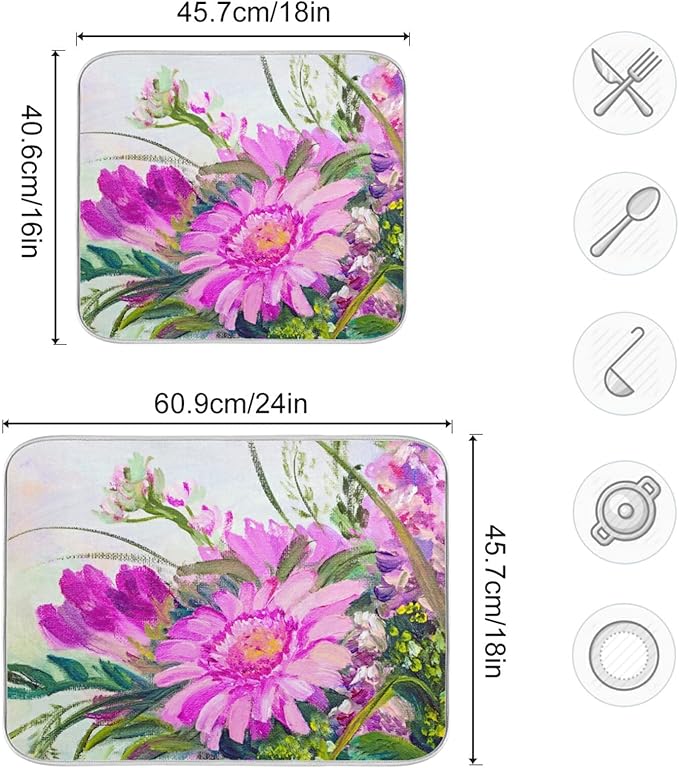 Absorbent Dish Drying Mat for Kitchen Counter - Oil Painting Flowers Microfiber Drying Pad, Reversible Drainer Mats for Countertop, Small 16" x 18"