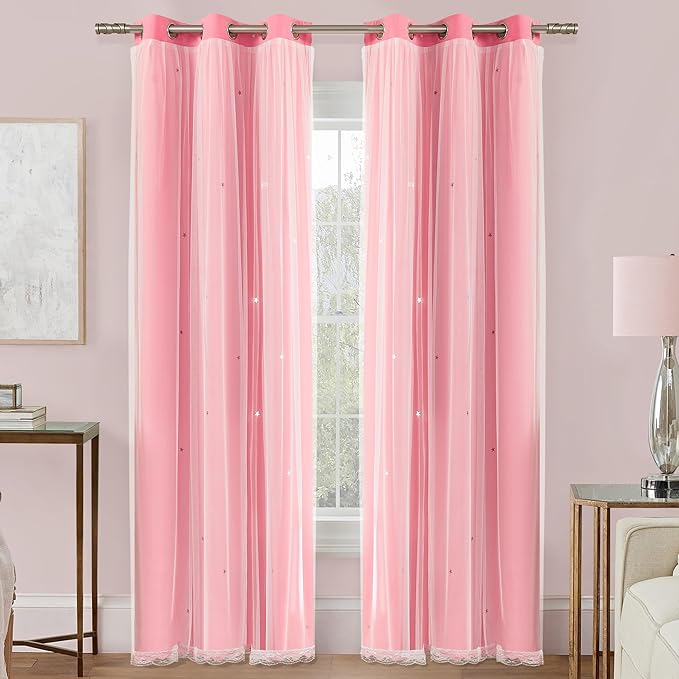 XiDi Pink Curtains for Bedroom Decor, Baby Pink Kids Blackout Curtains for Girls Room, Princess Unicorn Wall Decor Set of 1 Panel, Pink34/102/1