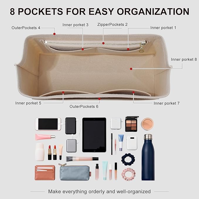 Premium Felt Purse Organizer Insert Compatible with Long Champ Le Pliage L Backpack, Lightwieight Bag Divider Shaper with 8 Pockets & YKK Zipper, Beige/LB