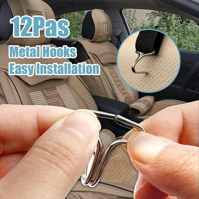 24PCS Car Seat Cover Plum Plate Metal Hooks, 12Pcs Plastic Car Seat Covers Chucks and 12Pcs Metal Hooks Locking Clip Plastic Card Fixed Fastener Buckle for Car (Black)