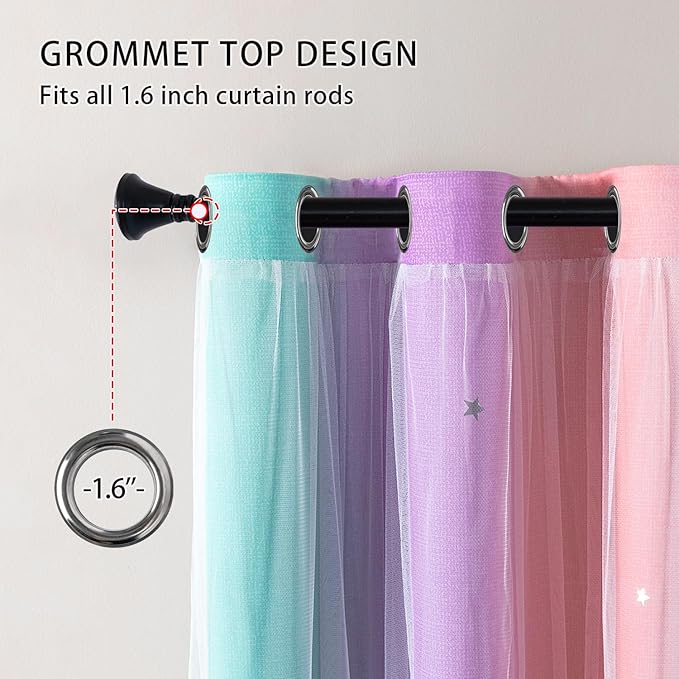 XiDi Curtains for Girls Bedroom 2 Panel Set, Thermal Insulated Window Ombre Panels, Rainbow Pink Drapes for Kids Room Unicorn Wall Decals, Black Out Curtains 63 Inch Long Pink/Purple/Green 52 X 63
