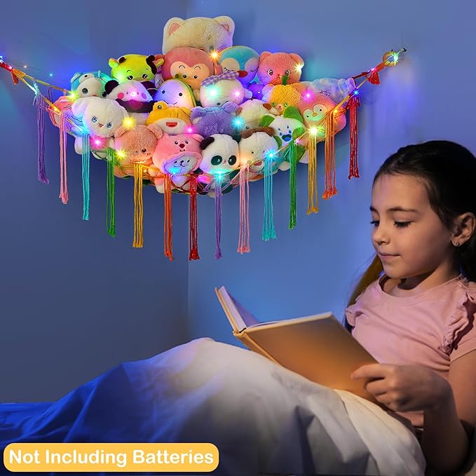 Basumee Stuffed Animals Net or Hammock with LED Light, Hanging Stuffed Animals Storage Toy Hammock Net Corner Wall Girls Room Decor Toy Storage Organizer, Rainbow, L