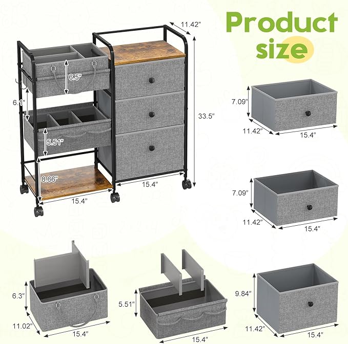 2In1 Baby Diaper Caddy Organizer and Storage, 3 Tier Rolling Cart with Dividers and Drawers, Mobile Utility Cart Baby Dresser Clothes Organizer for Changing Table, Crib Nursery, Bedroom, Grey