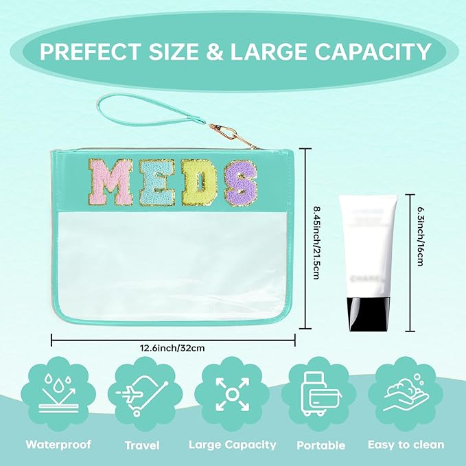 Chenille Letter Clear Zipper Pouch for Travel Preppy Patch Makeup Bag-Nylon Cosmetic Preppy Makeup Waterproof Organizer Bag Set for Women Valentines Bag (Green-Meds)