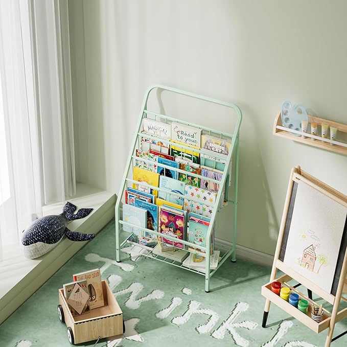 JAQ Green Kids Bookshelf, 4-Tier Metal Book Display Rack for Small Space, Child-Safe Forward Facing Toddler Bookshelf for Classroom, Nursery & Playroom, Easy-to-Clean Sling Design (28.35" Height)