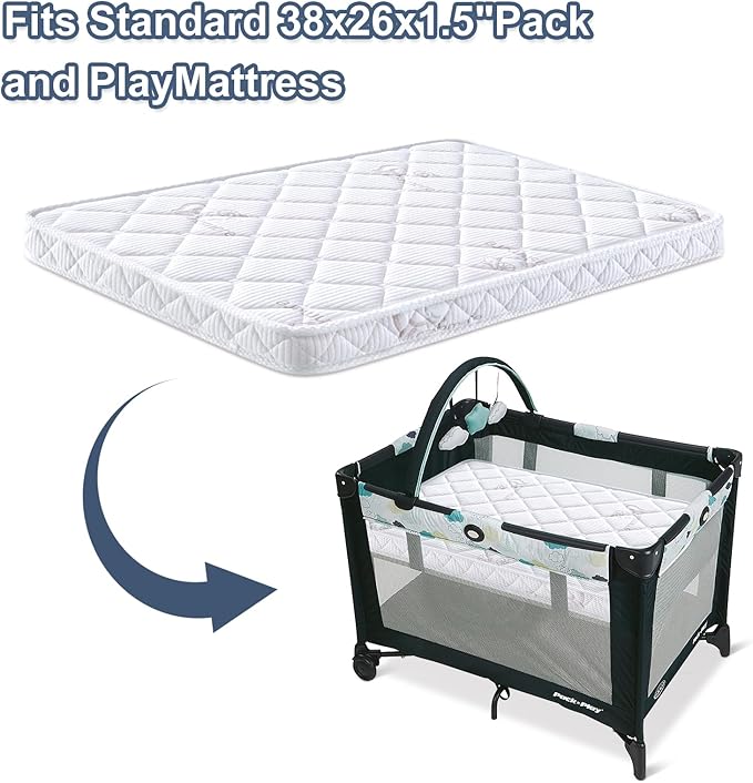 Pack and Play Mattress - 38" x 26"- Premium Knitted Fabric Safety Reinforced Play Yard Mattress - Fits for Graco & Baby Trend & Pamo Babe Playard, Firm Support and Comfort Foam，White