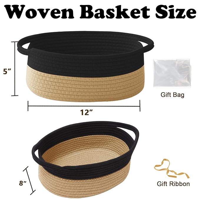 Small Woven Rope Basket-Empty Gifts Basket with Bag and Ribbons,Cute Handle Organizer Box for Birthday/Baby Shower, Toy Storage, Nursery Organizing & Shelf Decor(Black&Jute)