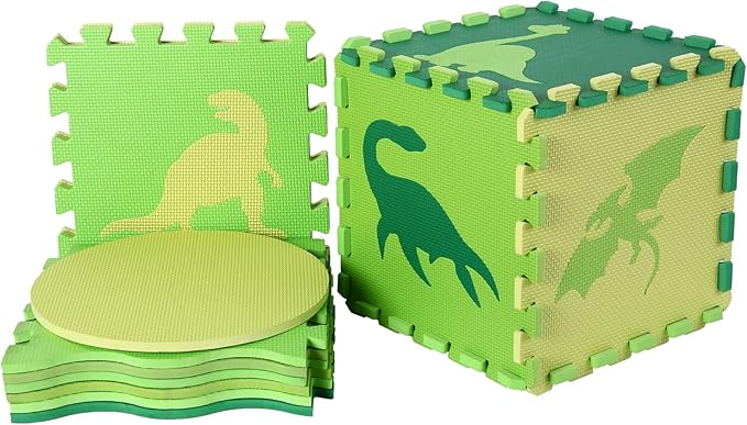 Tamiplay Foam Play Mat for Kids，25Pcs Square Interlocking Puzzle Floor Mat，Baby Play Mat Floor Mat Foam Puzzle Playmat for Toddlers with Fence - Green Dinosaurs