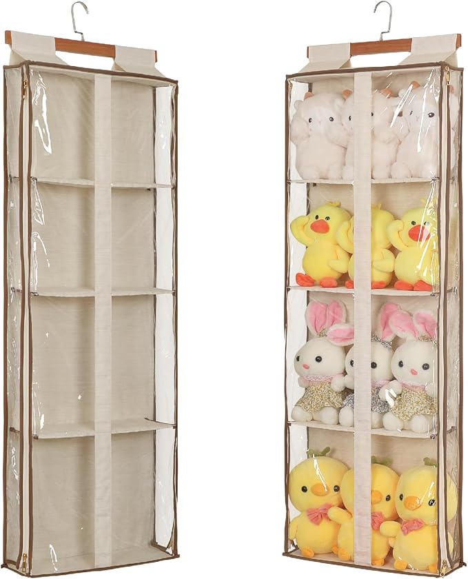 JINOKADI Clear Hanging Handbag Storage Organizer with Zippers, Easy Access Purse,Toy,Yarn,Hat Storage Over The Door Purse Organizer Space Saving 4 Pockets for Closet Bedroom Living Room (Beige)