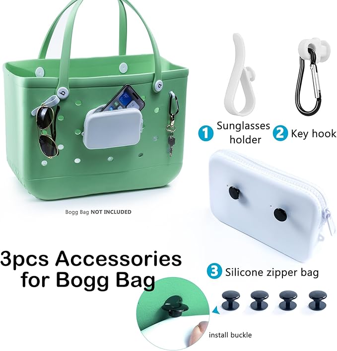 AMOIGEE Clear Beach Bag Organizer Insert with 3pcs Accessories for XL Bogg Bag Inserts - Tote Bag Divider with Sunglasses Holder, Phone Holder and Clips Hooks - Beach Tote Insert Organizer Liner