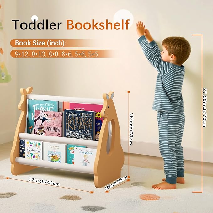 Lullulii Double Sided Kids Bookshelf – 2 Tier Portable Toddler Bookshelf, Book Shelf for Kids Rooms & Playroom, Cute Kangaroo Design Wooden Montessori Baby Bookshelf,Toddler Book Display Shelves,Brown