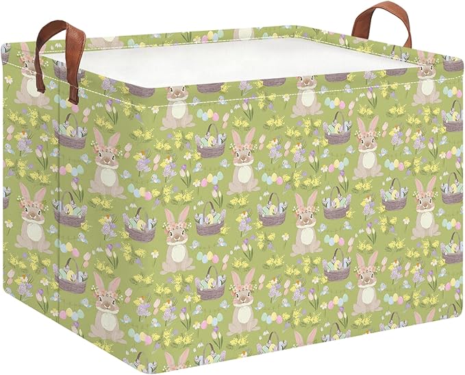 HKEC Rectangle Green Easter Basket,Gift Basket Empty with Handles for Kids,Cute Organizer Toy Bin,Books Basket,Books Box(Green Easter Basket)