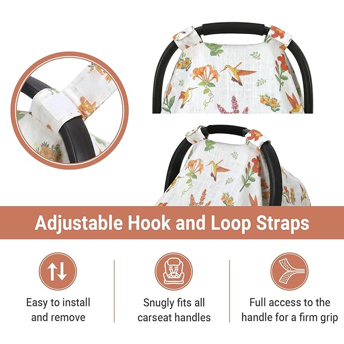 Metplus Car Seat Cover Baby, 100% Muslin Cotton Infant Carseat Covers for Boys and Girls, Lightweight Breathable Canopy, Summer Stroller Sun Shade, Newborn Travel Essentials(Hummingbird)