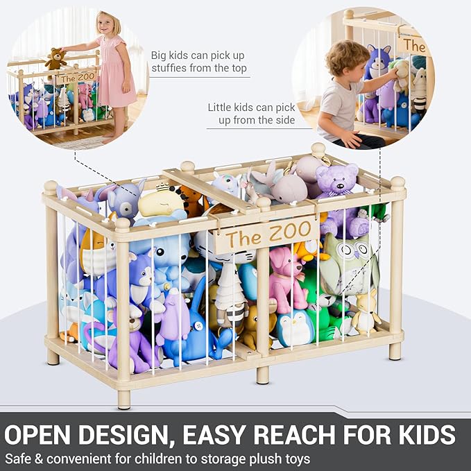 Viktorpai Stuffed Animal Storage Zoo, Wooden Toy Organizers and Storage, Large Capacity Kids Stuffy Organizer, Space Save Stable Plushies Holder Cage for Toddler Room, Bedroom, Playroom & Nursery