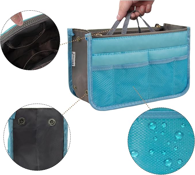 Vercord Purse Organizer Insert for Handbags Bag Organizers Inside Tote Pocketbook Women Nurse Nylon 13 Pockets Blue Small