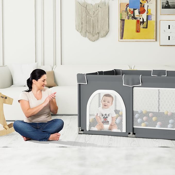 Grobeybees Playpen for Babies and Toddlers, Large Baby Playpen, Playard with Bag, Indoor & Outdoor Play Pen, Sturdy Safety Baby Play Yard with Soft Breathable Mesh (Grey)