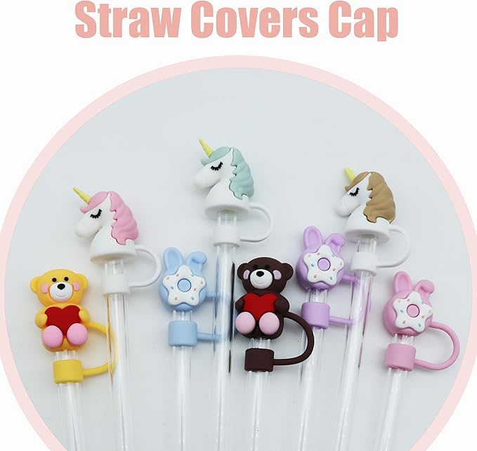 8Pcs Cute 10mm Animals Straw Covers Cap for Stanley Cup,Silicone Straw Toppers Compatible with Stanley 30&40 Oz Tumblers with Handle, Dust-Proof Reusable Lids Tumbler Cup Accessories