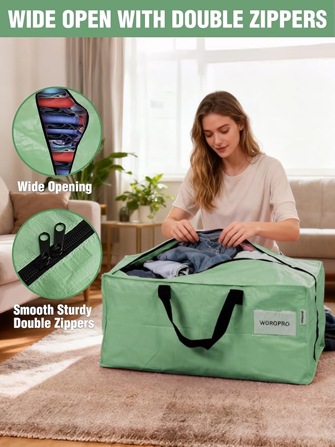 WORKPRO 1 Pack Extra Large Moving Bags with Zippers & Carrying Handles Backpack Straps, Heavy-Duty Storage Tote for Space Saving & Storage, Alternative to Moving Box (Green)