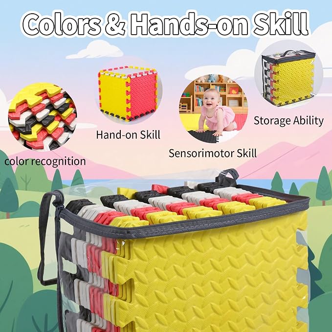 Coolcandy Baby Foam Play Mat 16Pcs with Edge Strips, 4 Colors Interlocking Floor Tiles, 0.4″ Thickened Non-Slip Puzzle Floor Mat for Infants Toddlers Playroom & Daycare