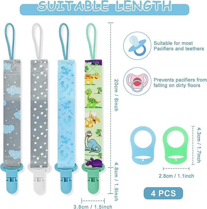 4 Pcs Baby Dummy Strap Clip, Pacifier Clip Dummy Holder Straps with 4 Silicone Adapter, Soother Chains Clips Fit All, Soothers, Teething Toys, Baby Essentials