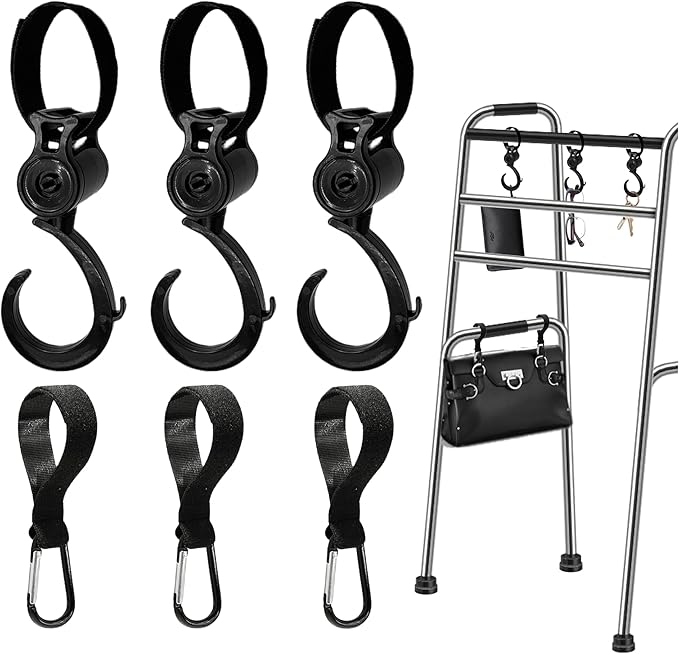6Pcs Hooks for Walker Rollator Wheelchair Stroller Basket Ttray Accessories for Seniors Basket Clips 2 Design 360°Rotation Hooks and Closed Hooks Bag Hanger Gift for Elderly