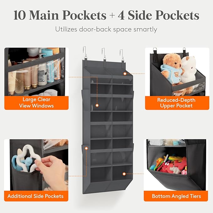Lifewit 1 Pack Over the Door Organizer, Clear Window Hanging Storage with 4 Mesh Side Pockets, Anti Tilt 40 lbs Load Behind Door for Pantry, Nursery, Bathroom, Bedroom, Dorm, 10 Section, Gray