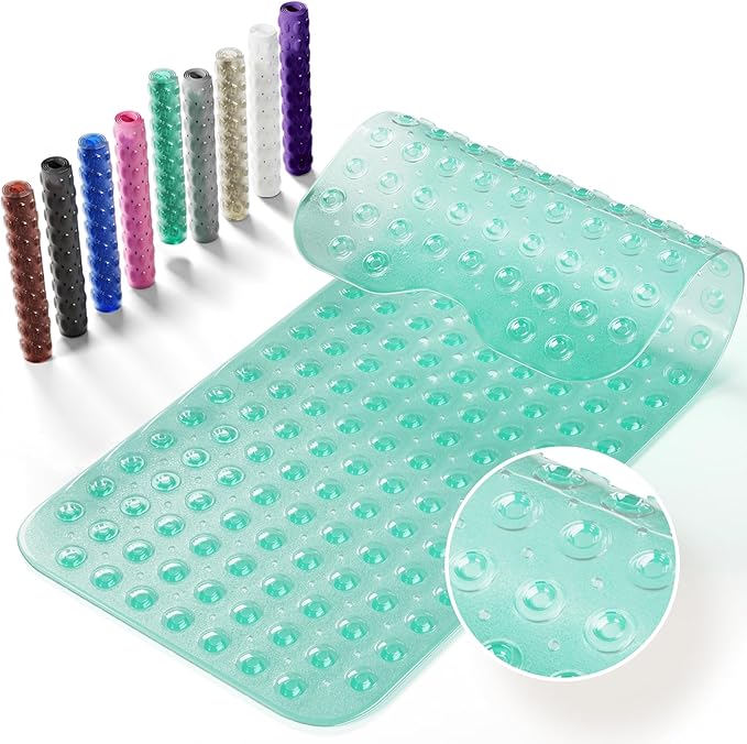 Krussier Non-Slip Bath Tub Mat, 39x16 Inch Extra Large Shower Mat with Drain Holes & Suction Cups, Machine Washable, Clear Green