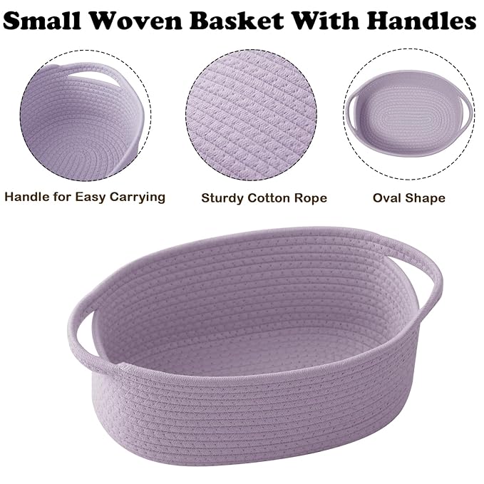Small Woven Rope Basket-Empty Gifts Basket with Bag and Ribbons,Cute Handle Organizer Box for Birthday/Baby Shower, Toy Storage, Nursery Organizing & Shelf Decor(Purple)