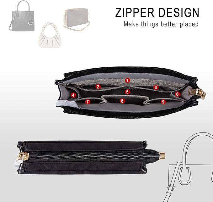 Vercord Purse Organizer Insert with Zipper for Women Hobo Handbags Shaper Insert 12 Pockets Bag Black Small