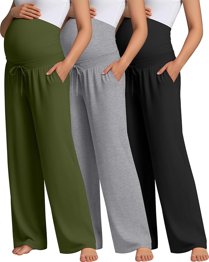 3 Pcs Maternity Sweatpants Over The Belly Pregnancy Straight Wide Leg Elastic Drawstring Pants Joggers with Pockets