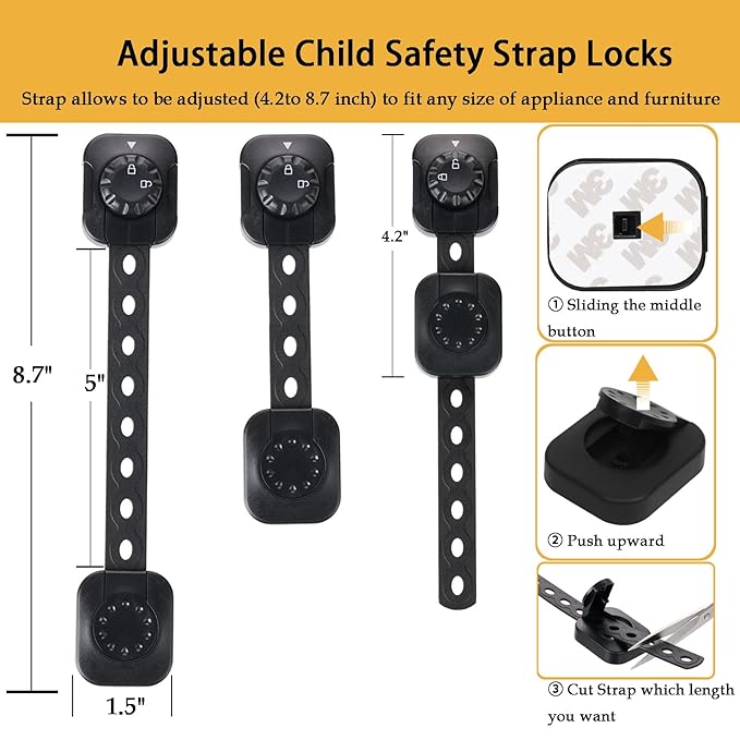 Fursafe&Q Child Safety Cabinet Proofing, Baby Cabinet Locks Adhesive Adjustable Child Safety Strap Locks Drawer Fridge Ovens Toilet Latches No Screws for Furniture Kitchen (Black, 12Pack)