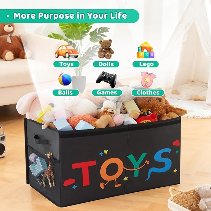 Uniency Large Toy Box, 83L Sturdy Collapsible Storage with Lid, 25"x13"x16" Kids Storage Organizer, Toy Chest Bin Baskets for Boys Girls,for Nursery,Bedroom,Playroom,Living Room,Toddlers Toybox(Black)