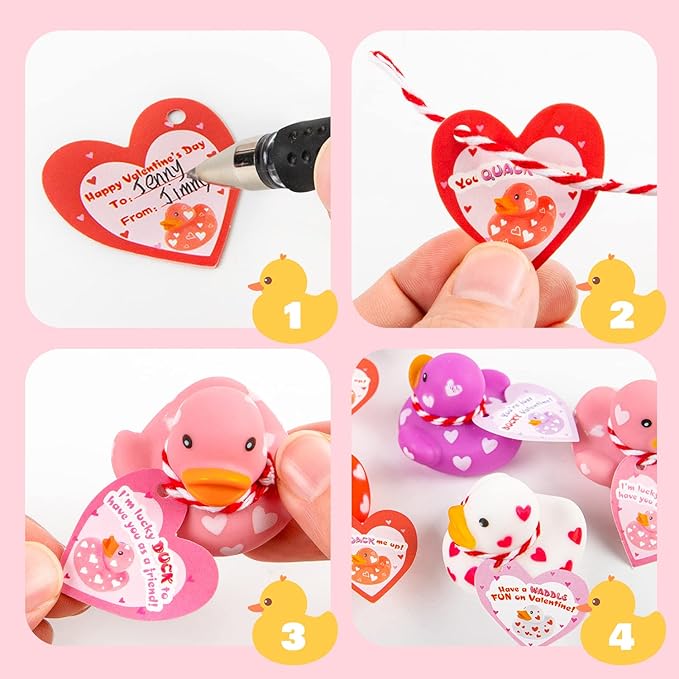 28 Packs Valentines Day Gift Cards with Cute Mini Rubber Duck 2.4x2.4 Bath Toys for School Classroom Valentine’s Exchange Greeting Cards