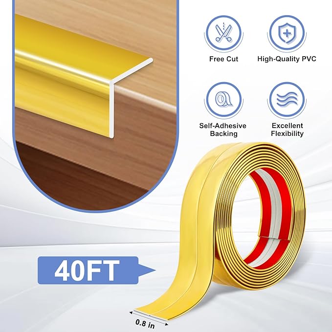 Wall Corner Protector Moulding Trim Peel and Stick Wall Corner Guards Trim Flexible Self Adhesive Edge Protector Moulding, 0.8 in x 40 Ft, Gold