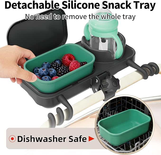 Universal Stroller Snack Tray, with Cup Holder & Removable Silicone Tray – 3-in-1 Stroller Tray Attachment for Uppababy, Nuna, Mockingbird – Easy Clean, Stable Grip, Toddler Snacking On The Go