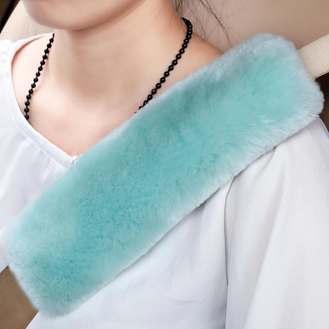 OGLAND 2 Pack Natural Fur Comfort Auto Authentic Sheepskin Car Seat Belt Pads for Adults, Soft Texture Shoulder Neck Cushion Pad Protector, Genuine Australia Merino Wool Cover (Mint Green)