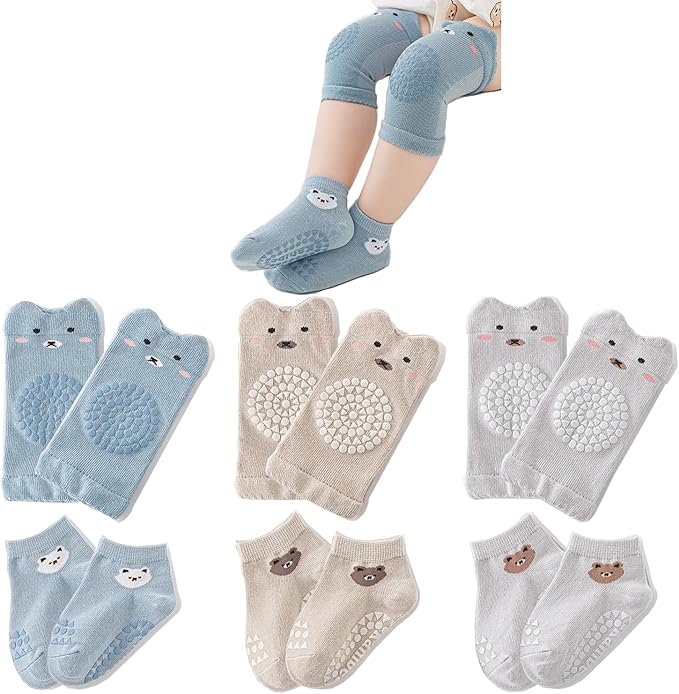 TFTSR Baby Knee Pads for Crawling (3 Pairs) and Baby Socks for Walking (3 Pairs), Walking Protector for Toddler Kid Girls Boy