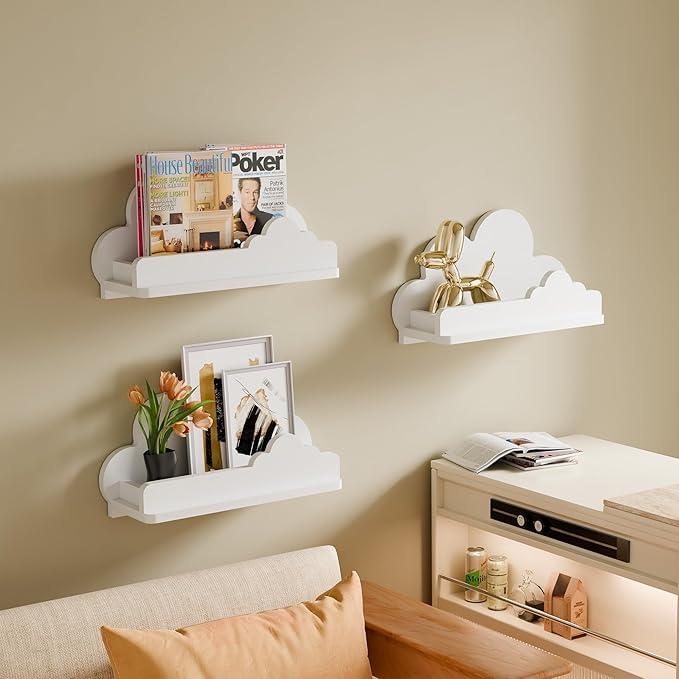 Cloud Shelves for Kid’s Room, 13’’ Long Nursery Wall Deor Set of 3, White Cloud Bookshelf Floating Shelf, Figure Shelf Wall Mounted, Cute Decorative Cloud Wall Shelf for Toys, Plants & Storage