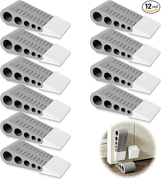 12 Pcs Rubber Door Stoppers, Extended Thickened Grey Anti Slip Door Stop Wedge with Holder No-Pinch Heavy Duty Doorstop for Home, Classroom, Office
