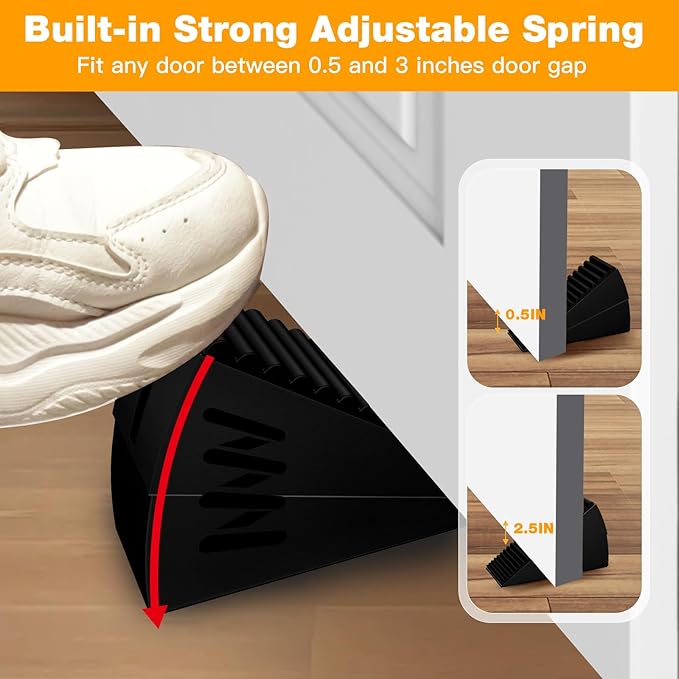 2 Pack Strongest Metal Heavy Duty Door Stop, Large Door Stoppers with Adjustable Spring, Tall Door Wedge up to 3 inch, Door Stoppers for Bottom of Door, Black Rubber Door Stops for Floor Wall