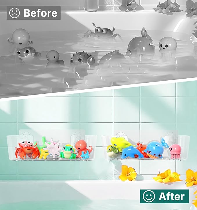 JNDETOP Bath Toy Storage Holder for Bathtub, Clear Acrylic Bath Toy Organizer with Drain Holes, 2 Pack Large Capacity Bathtub Toy Storage Shower Caddy for Bathroom