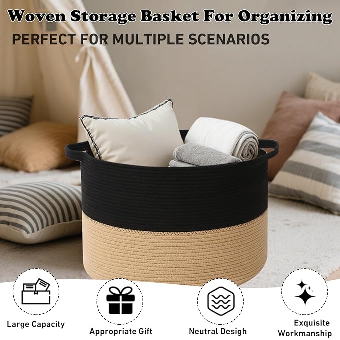 Large Storage Basket with Handle,23.6" x 23.6" x 15.7" Blanket Basket Storage Bins for Organizing,115L Cotton Rope Woven Baskets for Living Room, Nursery,Bedroom,Black&Camel