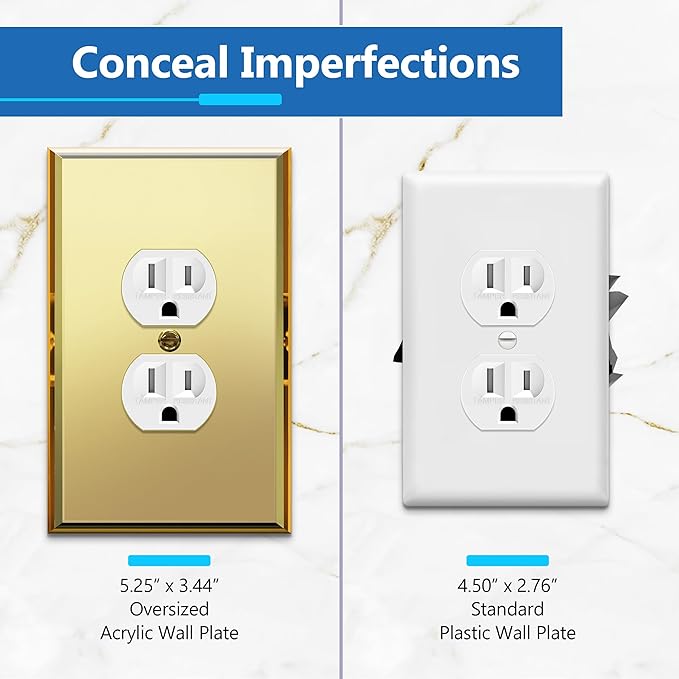 LIDER Duplex Receptacle Wall Plate, Mirrored Outlet Cover for Duplex Outlet Plexiglass Outlet Cover Reflective Finish Acrylic Glass Modern Decoration Upgrade Oversized 1-Gang 5.25" x 3.44" Gold 5 Pack