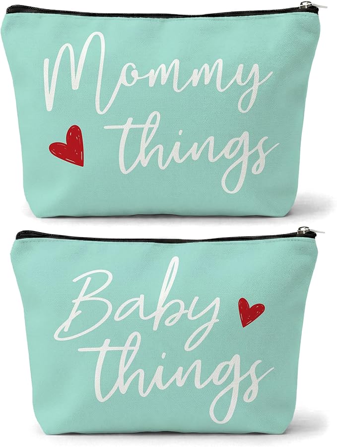 Mommy and Baby Matching Pouch Set, Mommy Things and Baby Things Bags, Gifts for New Moms Expecting Moms, Matching Travel Cases, Green Set of 2