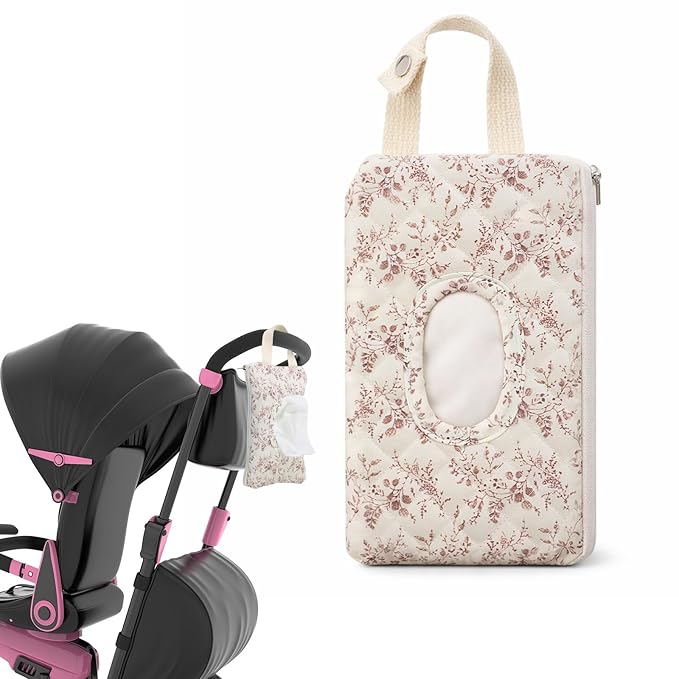 Quilted Diaper Wipe Pouch Hanging Floral Wet Wipes Bag Reusable Fabric Cover with Zipper & Lanyard for Car Daily Casual Travel Mommy Bag