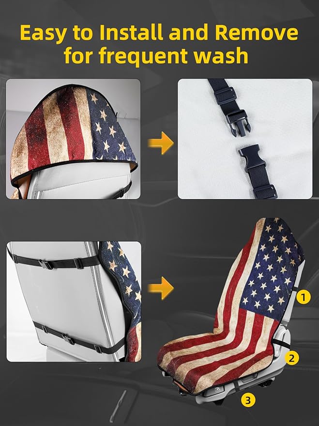 ZIMABLUE Towel Seat Cover - Waterproof Terry Cloth Front Seat Protector for Gym and Beach, Sweat-Absorbent, Non-Slip(American Flag,2 Pack)