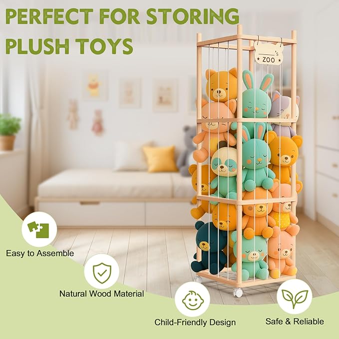 May Eileen Stuffed Animal Storage & Organizer, Wooden Cute Zoo Toy Holder for Toddler Rooms, Playrooms & Bedrooms, 53.54" x 15.74" x 15.74"