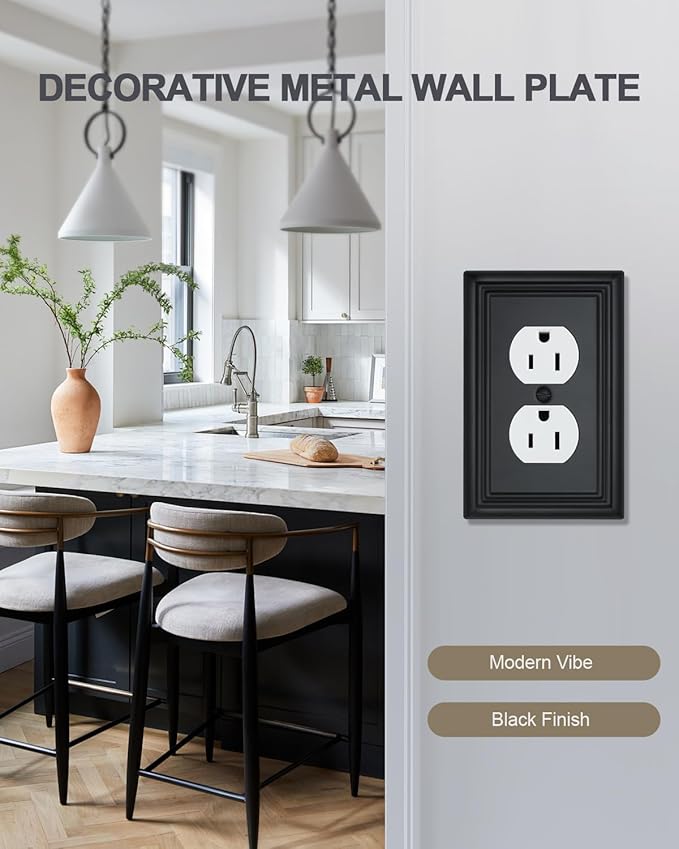 4-Pack Black Outlet Covers, Metal Duplex Wall Plates for Receptacles, Light Switch, Durable Electrical Outlet Cover Plates, 3.15''*4.88'', Midsize
